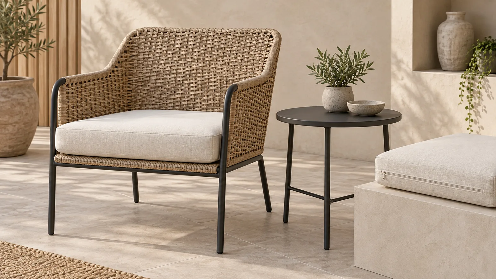 Chaise de patio tissée sans marque et petite table avec un échantillon de coussin séparé