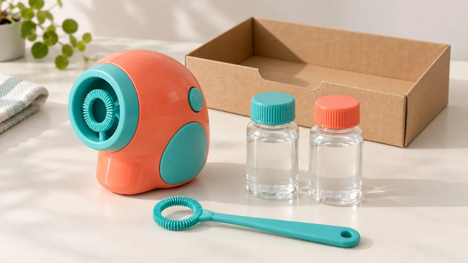 Jouet à bulles, baguette séparée et flacons de solution bouchés disposés pour illustrer les composants et les itinéraires de remplissage