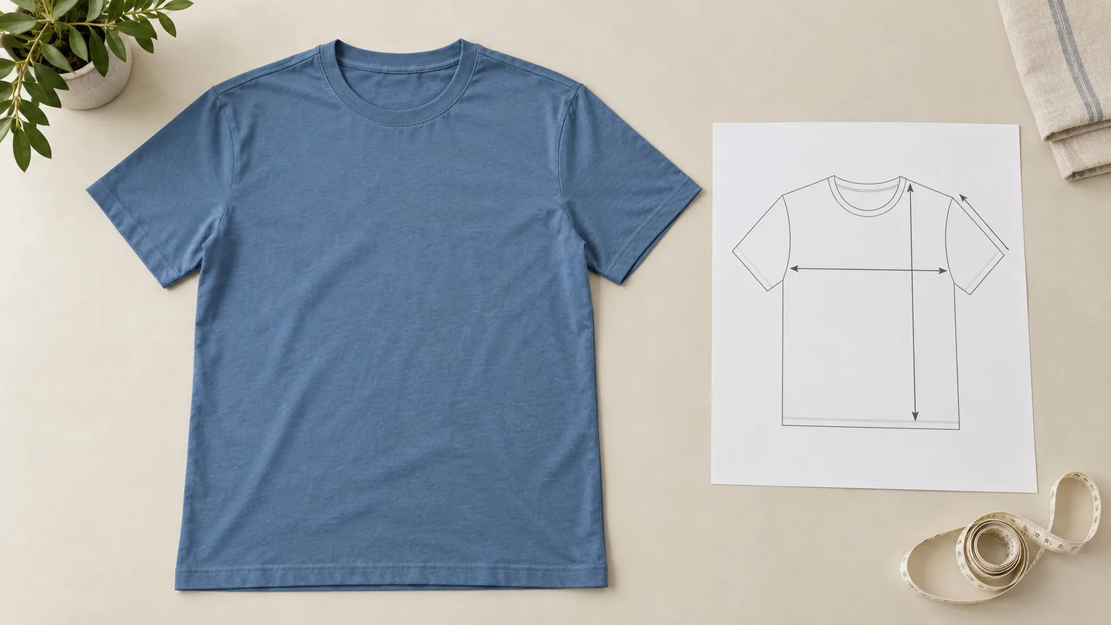 T-shirt uni posé à plat à côté d'un croquis de mesure d'un vêtement