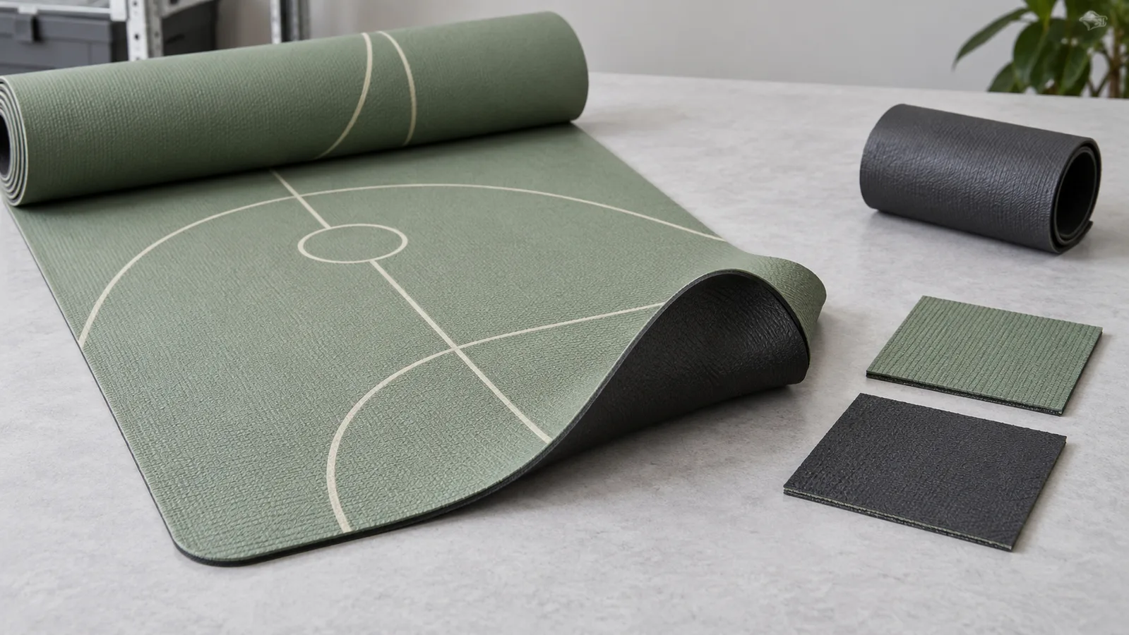 Tapis de yoga imprimé et échantillons de matériaux de base séparés disposés pour illustrer un itinéraire de fabrication