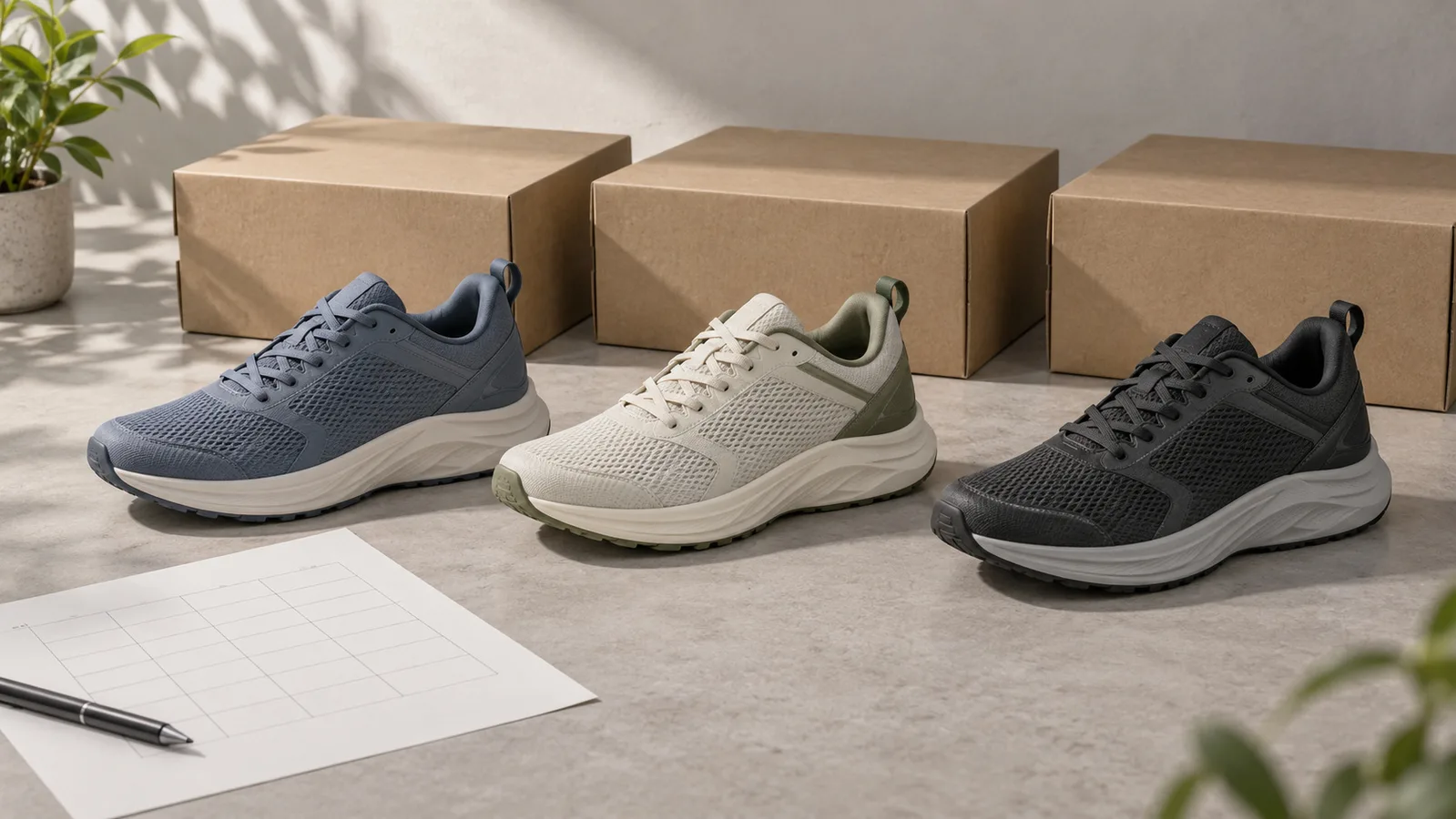Échantillons de couleurs de chaussures de course sans marque à côté de boîtes à chaussures simples