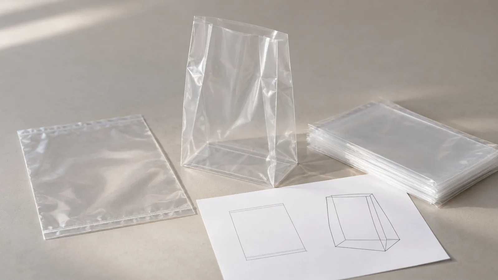 Échantillons de sacs en plastique transparents, plats et à soufflets latéraux, à côté d'un dessin de forme simple