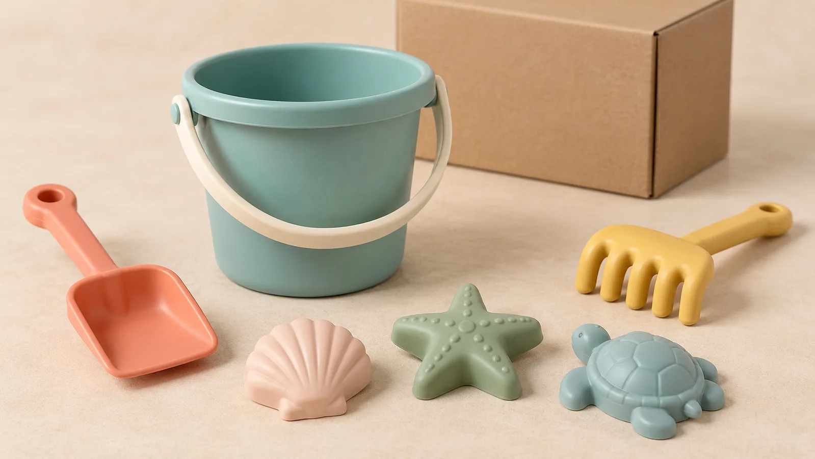 Seau à jouets de plage pastel générique avec une pelle, un râteau et trois moules à sable sur une surface de studio propre