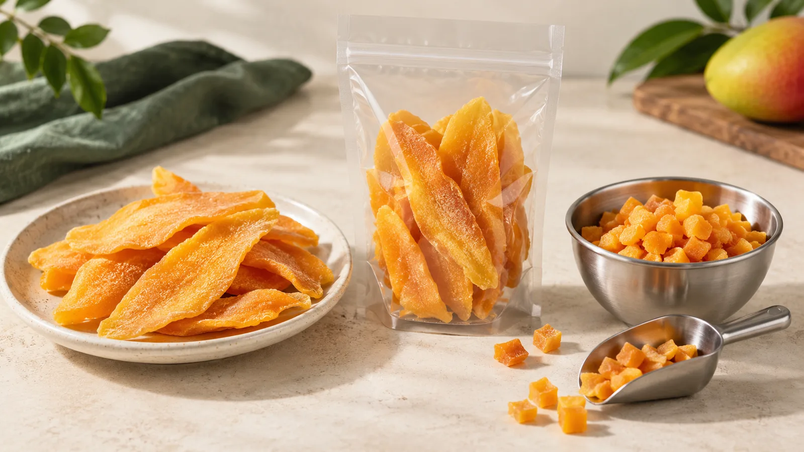 Tranches de mangue séchée et mangue coupée en dés comparées à deux spécifications de produit