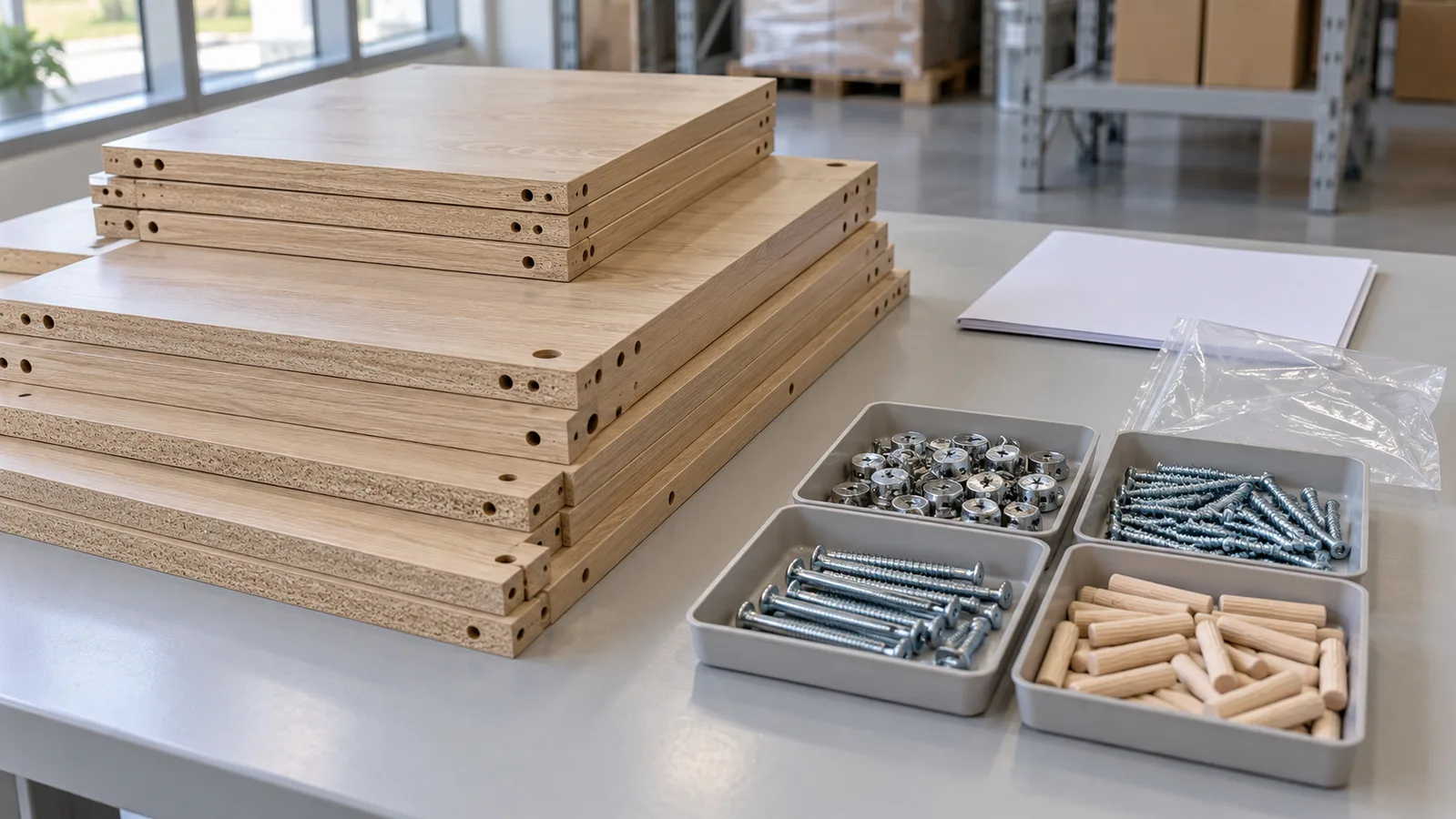 Panneaux d'armoires emballés à plat avec du matériel trié et un dossier d'instructions simple sur une table d'inspection