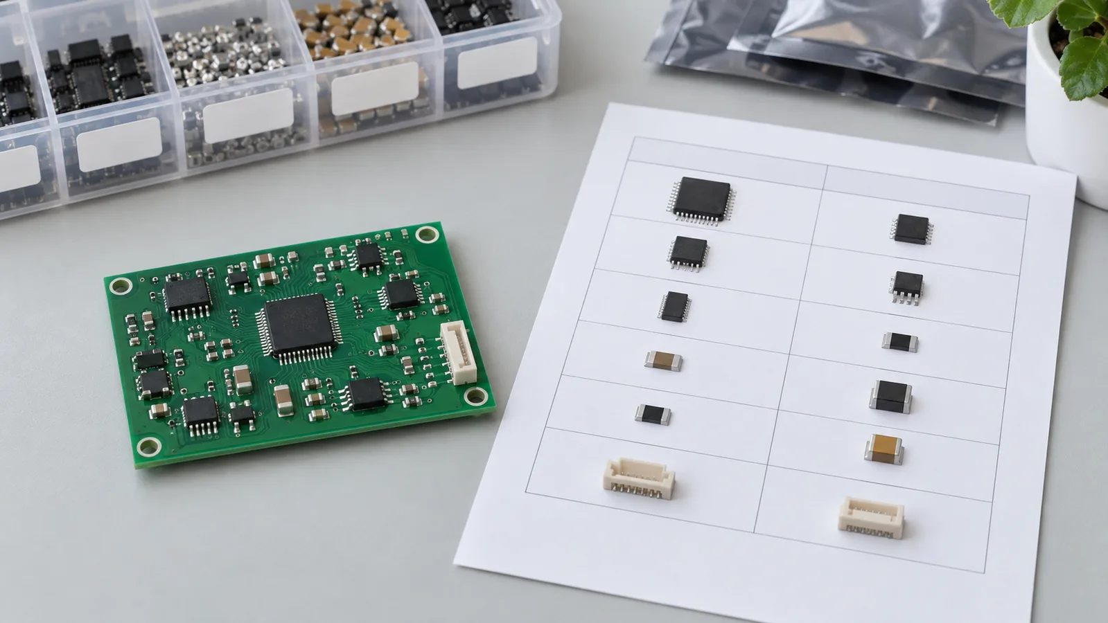 Carte de circuit imprimé générique non alimentée à côté d'une feuille de comparaison de composants vierge