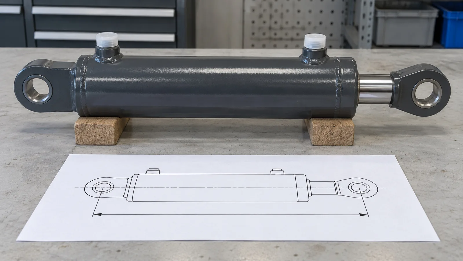 Cylindre hydraulique non installé avec ports protégés à côté d'un dessin de montage schématique