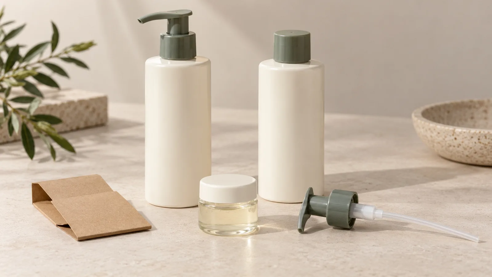 Bouteille de shampoing sans marque et échantillons d'emballage de pompe à côté d'un récipient d'échantillon de formule bouché
