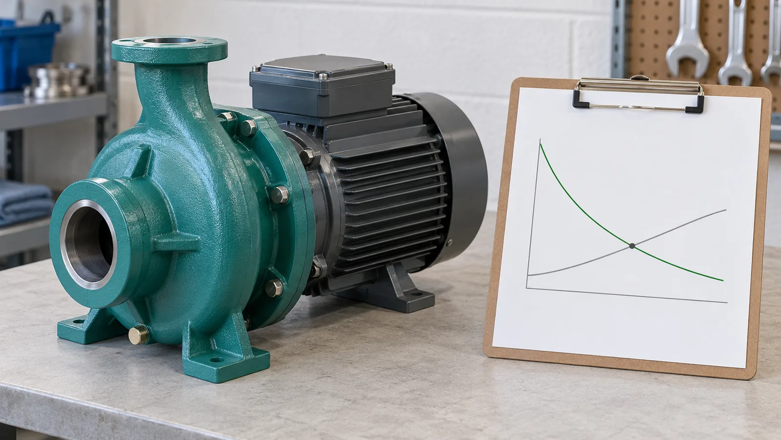 Pompe à eau centrifuge sans marque à côté d'un graphique schématique de débit-tête à titre d'illustration