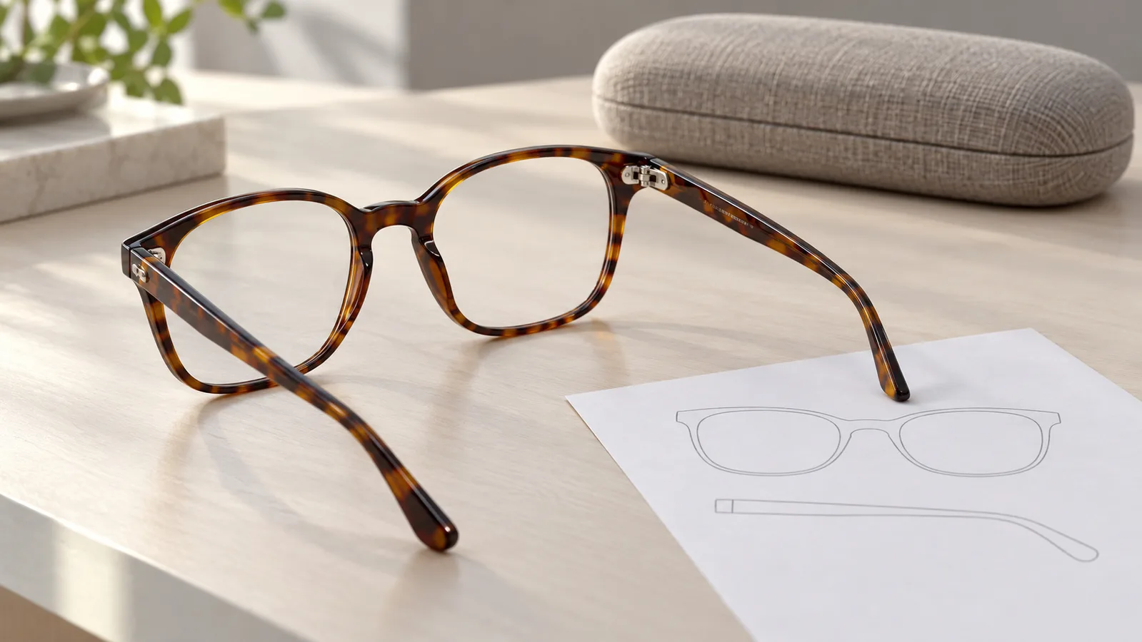 Cadre optique écaille de tortue sans marque à côté d'un simple contour avant et latéral sur une table de travail pour lunettes