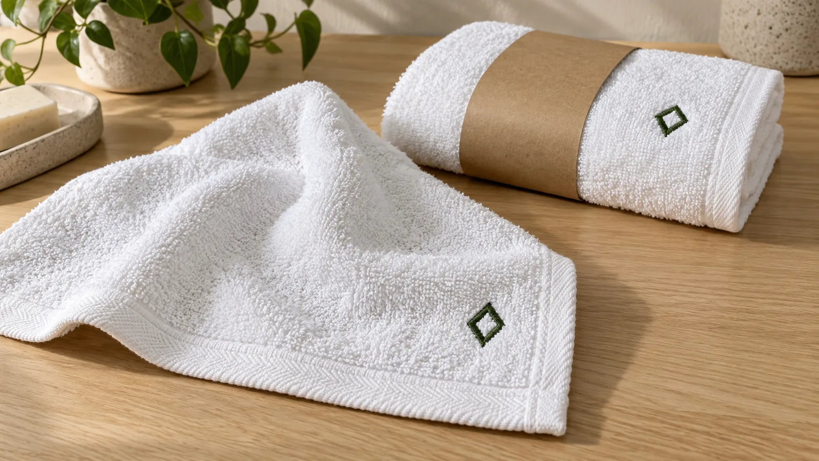 Serviettes blanches pliées et ouvertes avec une petite marque géométrique verte brodée