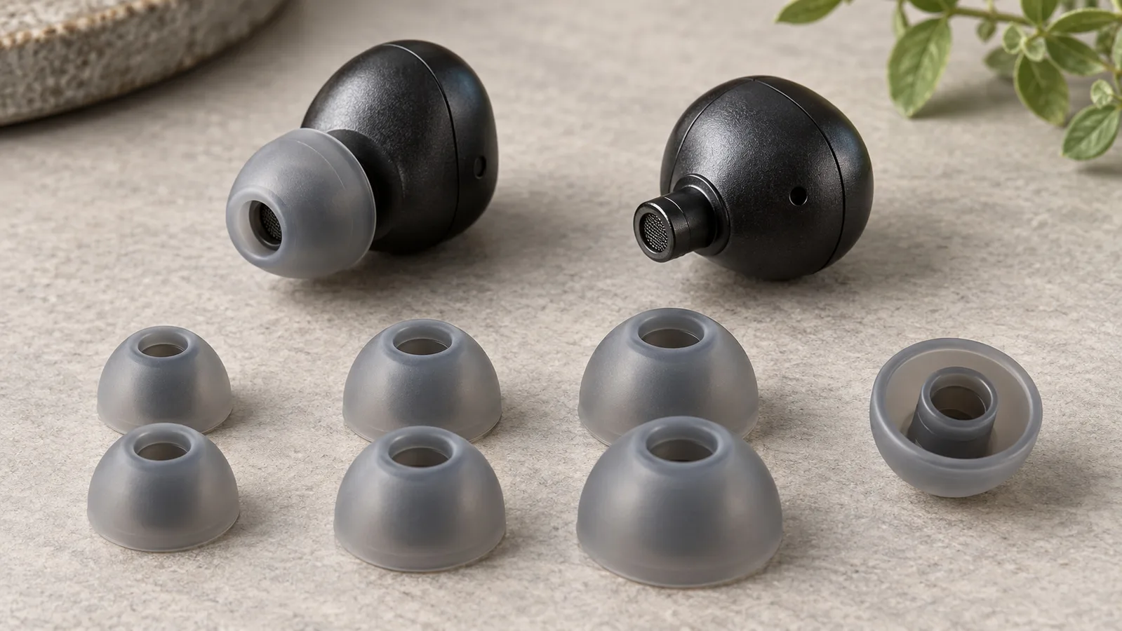 Écouteurs Bluetooth et embouts en silicone séparés montrant leurs jupes et colliers de fixation
