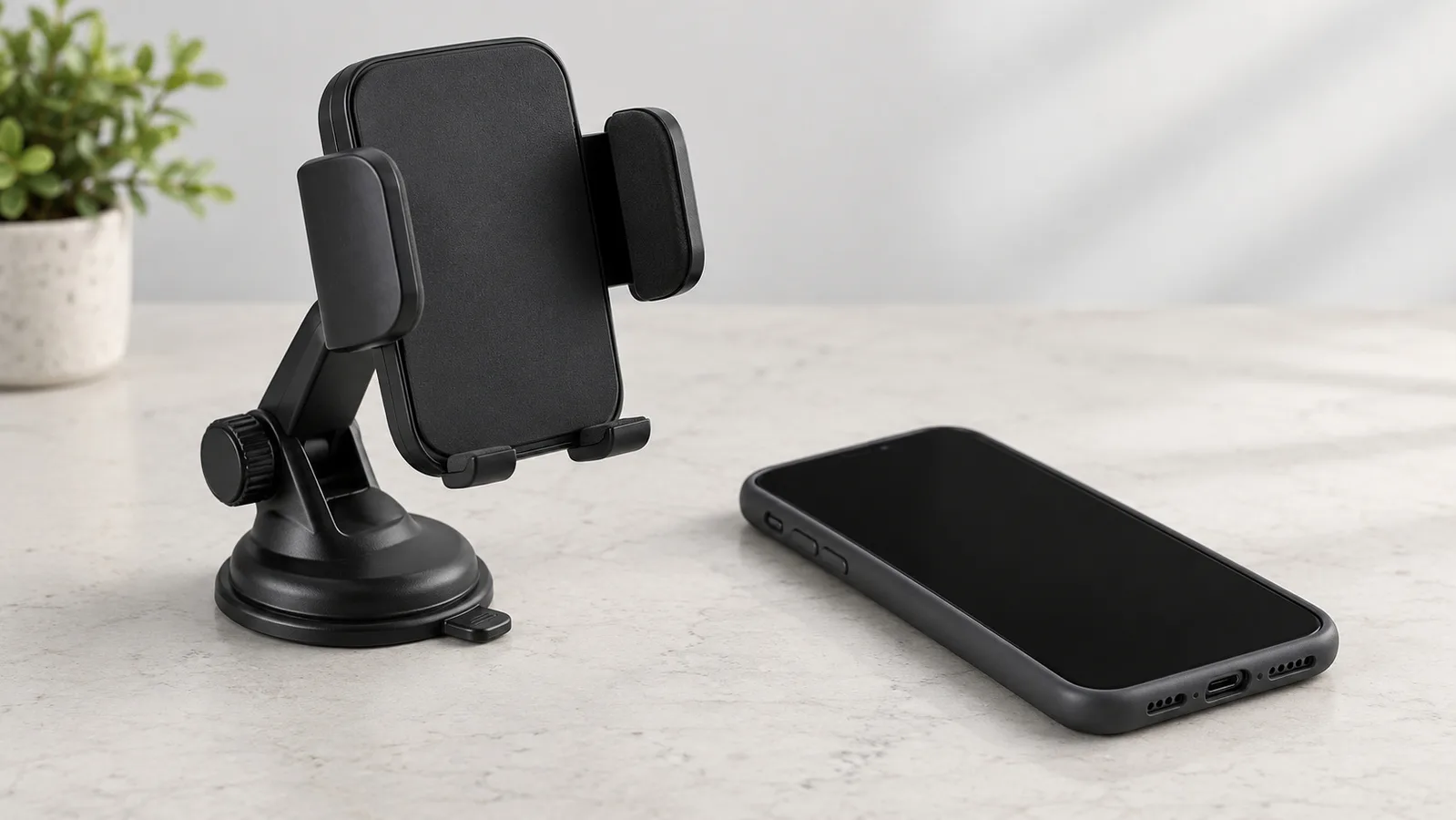 Support de téléphone générique de type pince sur une table d'examen d'échantillons neutre à côté d'un téléphone dans un boîtier sans marque