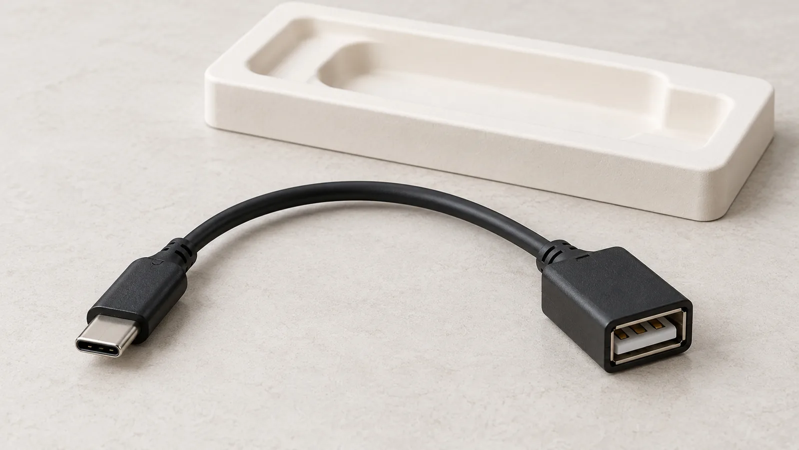 Un câble adaptateur USB générique avec les deux extrémités du connecteur visibles sur une surface d'inspection neutre