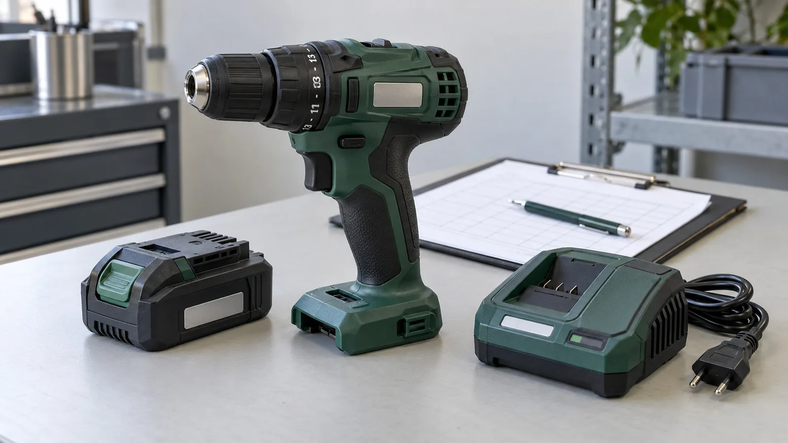 Perceuse à main sans fil, batterie séparée et chargeur débranché à côté des dossiers d'inspection
