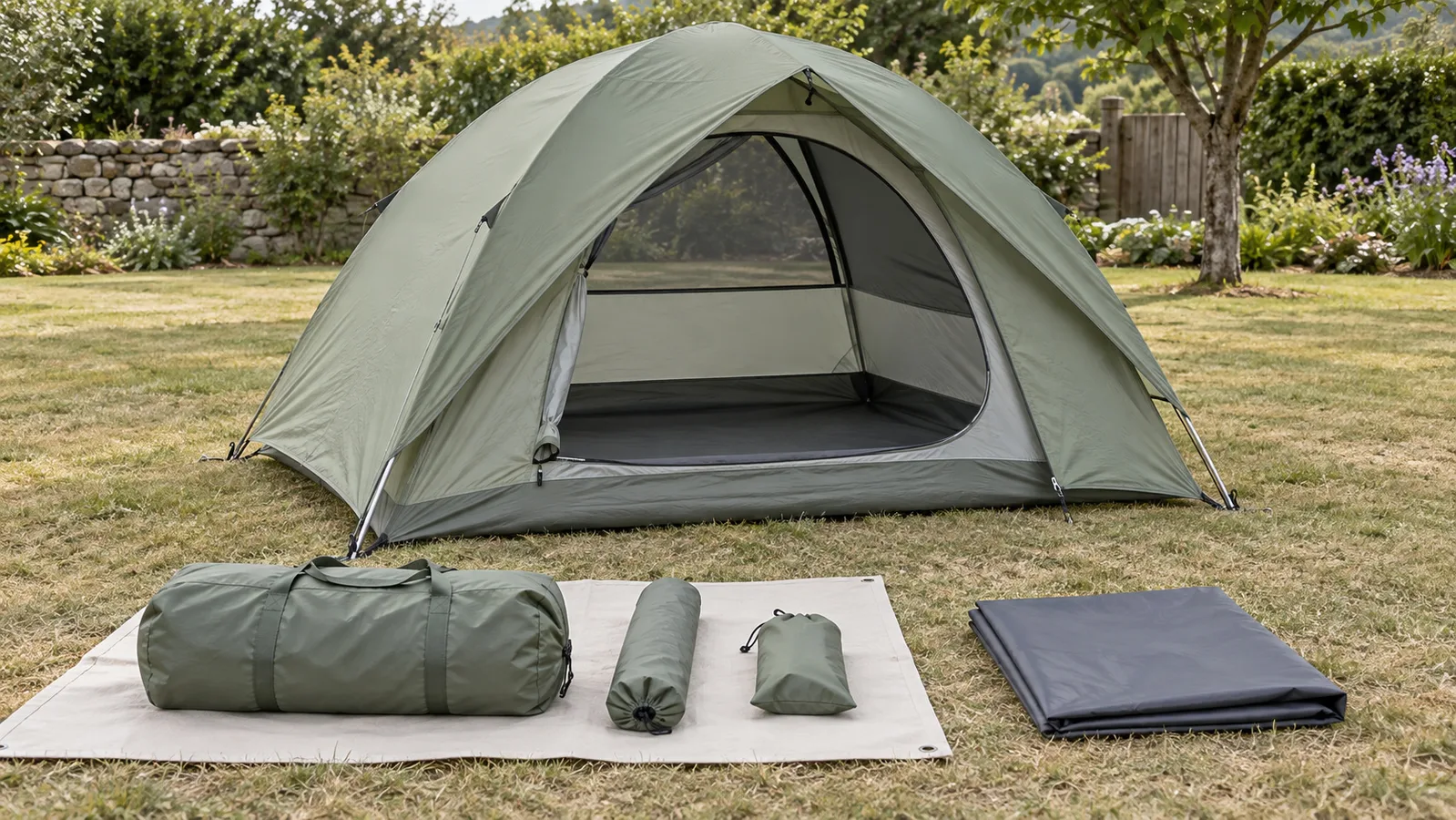 Tente dôme vert sauge et son sac de transport et ses accessoires bien rangés
