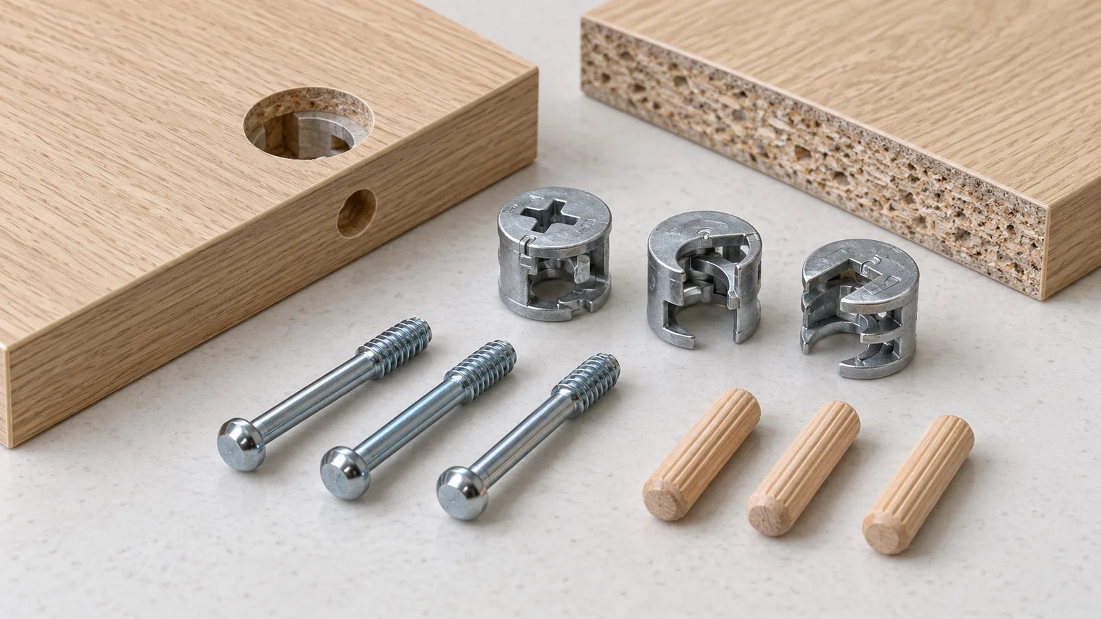 Joint de panneau de meuble en paquet plat avec connecteur à came, boulon d'accouplement et chevilles de positionnement en bois séparées