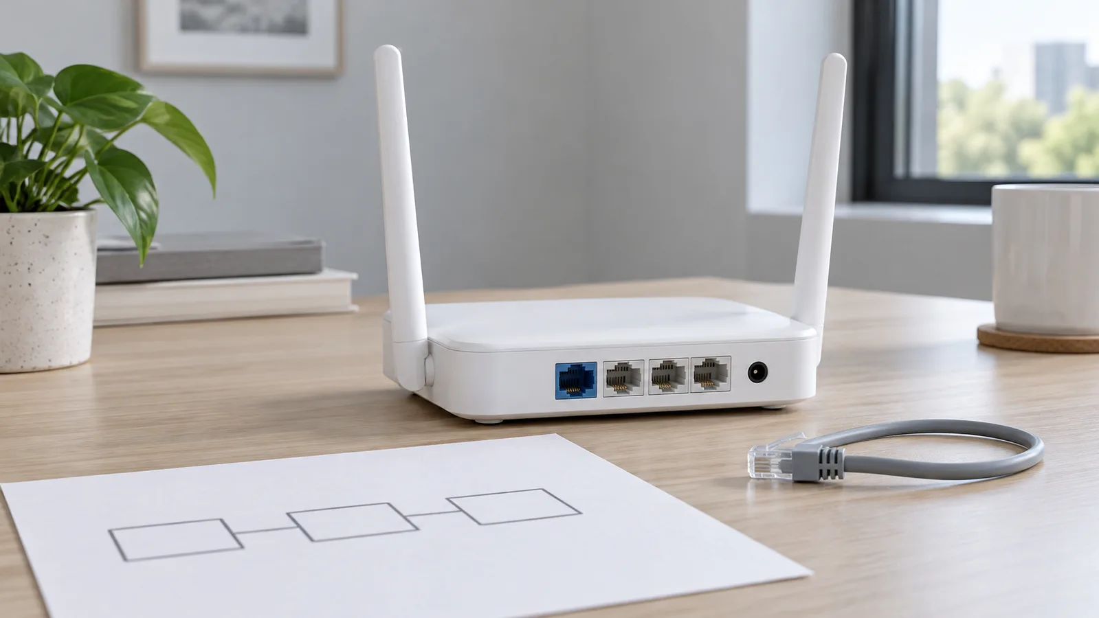 Routeur Wi-Fi de bureau blanc sans marque avec ports Ethernet arrière visibles à côté d'un simple croquis de réseau