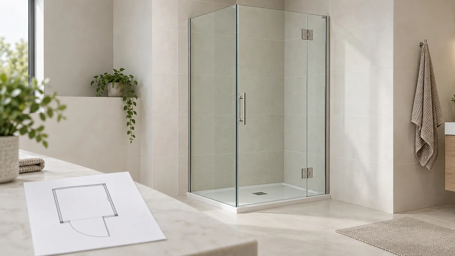 Cabine de douche générique avec panneaux transparents et quincaillerie métallique discrète à côté d'un simple dessin en plan