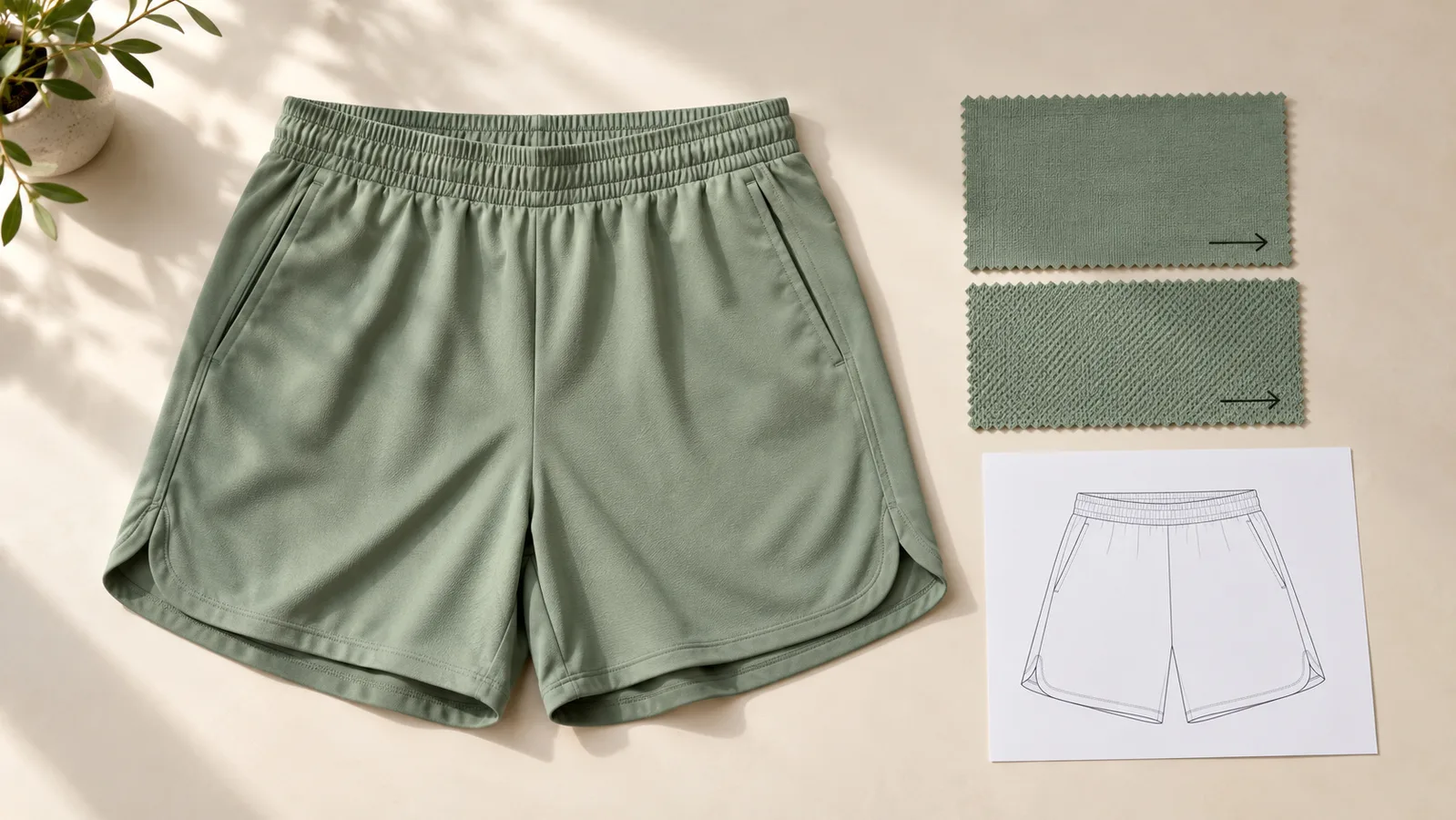 Échantillon de shorts de sport à côté d'échantillons de tissu à direction marquée et d'un croquis de panneau