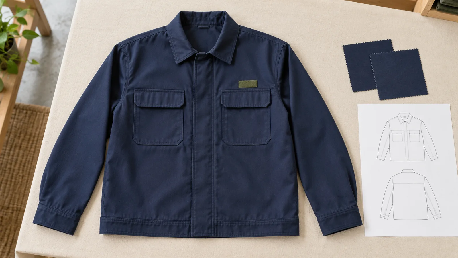 Échantillon de veste de travail ordinaire avec détails de poche visibles à côté d'échantillons de textile