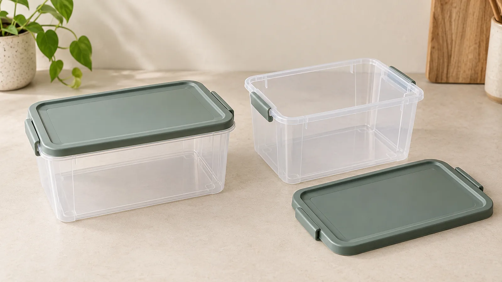 Boîtes de rangement en plastique illustrées avec un couvercle fermé et un intérieur ouvert