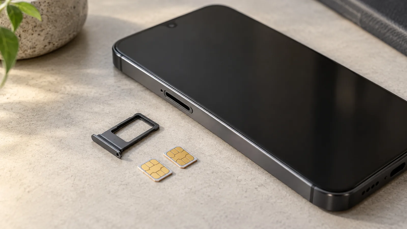 Smartphone sans marque à côté d'un plateau SIM séparé et de deux cartes SIM, illustrant la prise en charge physique des cartes