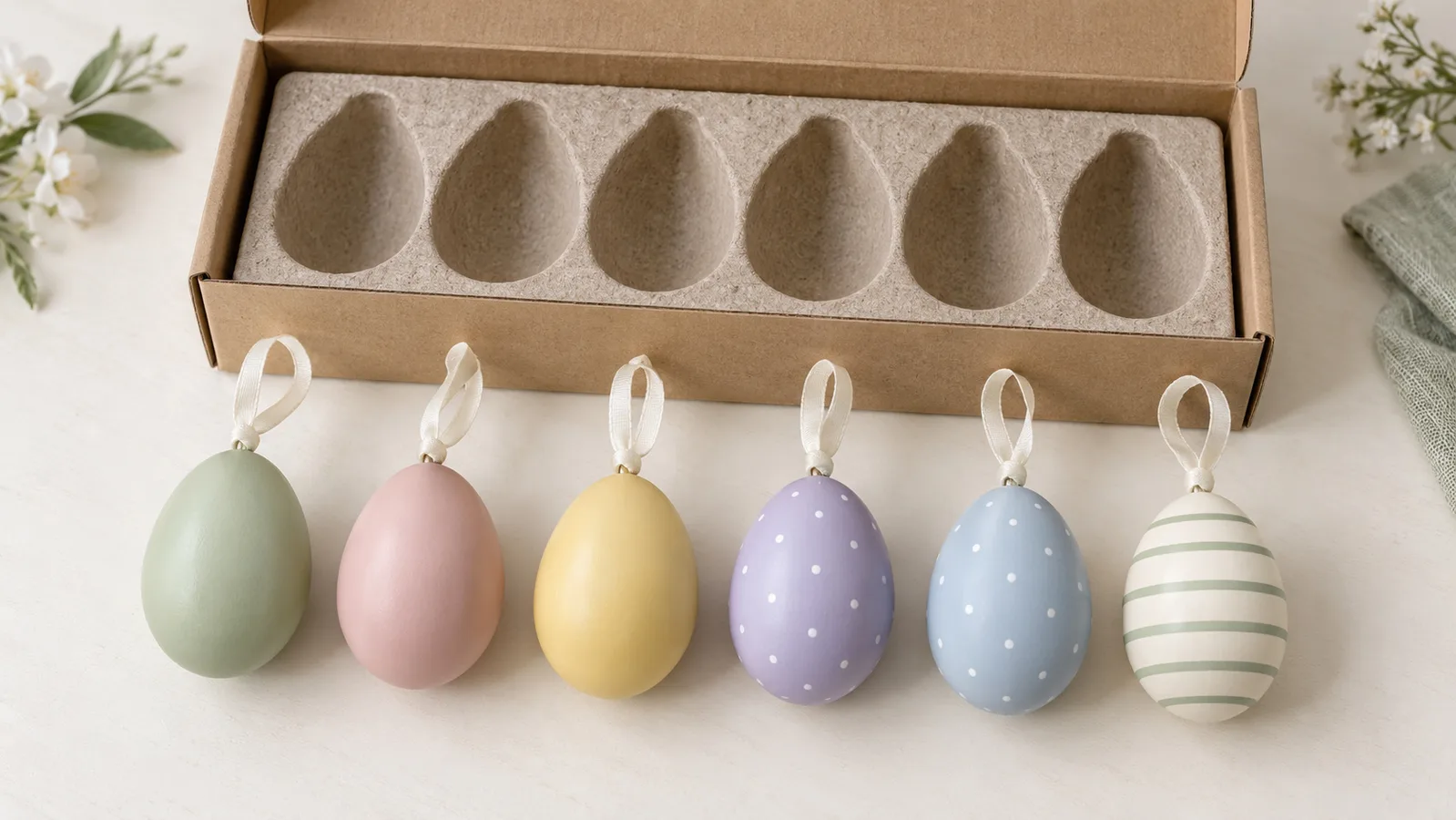 Oeufs de Pâques pastel ornements suspendus disposés à côté de leur plateau d'emballage de vente au détail compartimenté