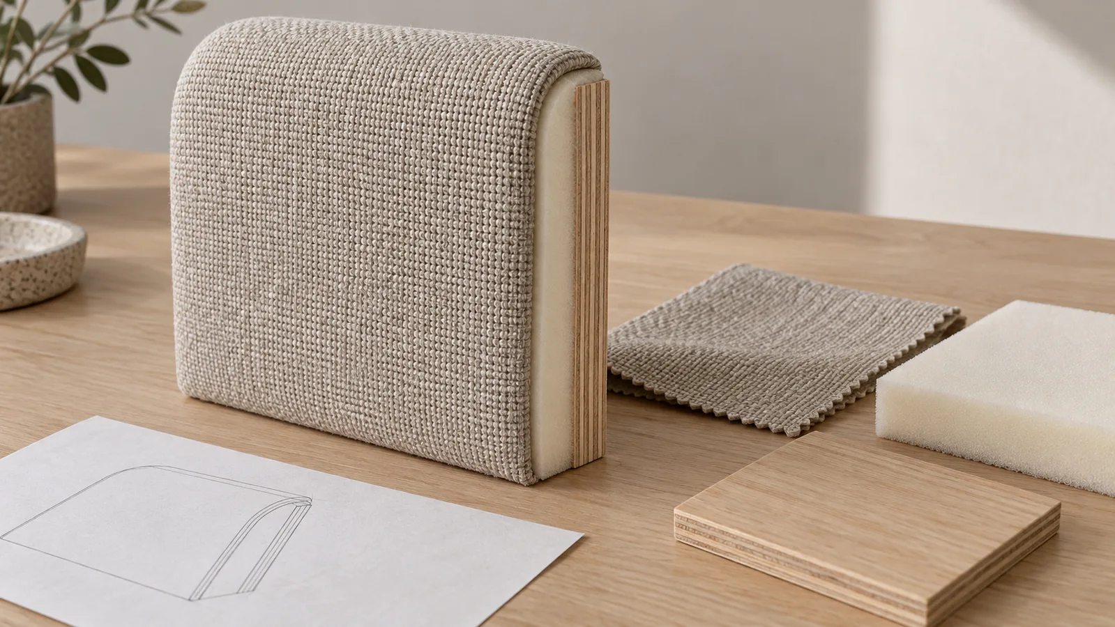 Échantillon de section de tête de lit rembourrée à côté de morceaux séparés de tissu, de mousse et de substrat