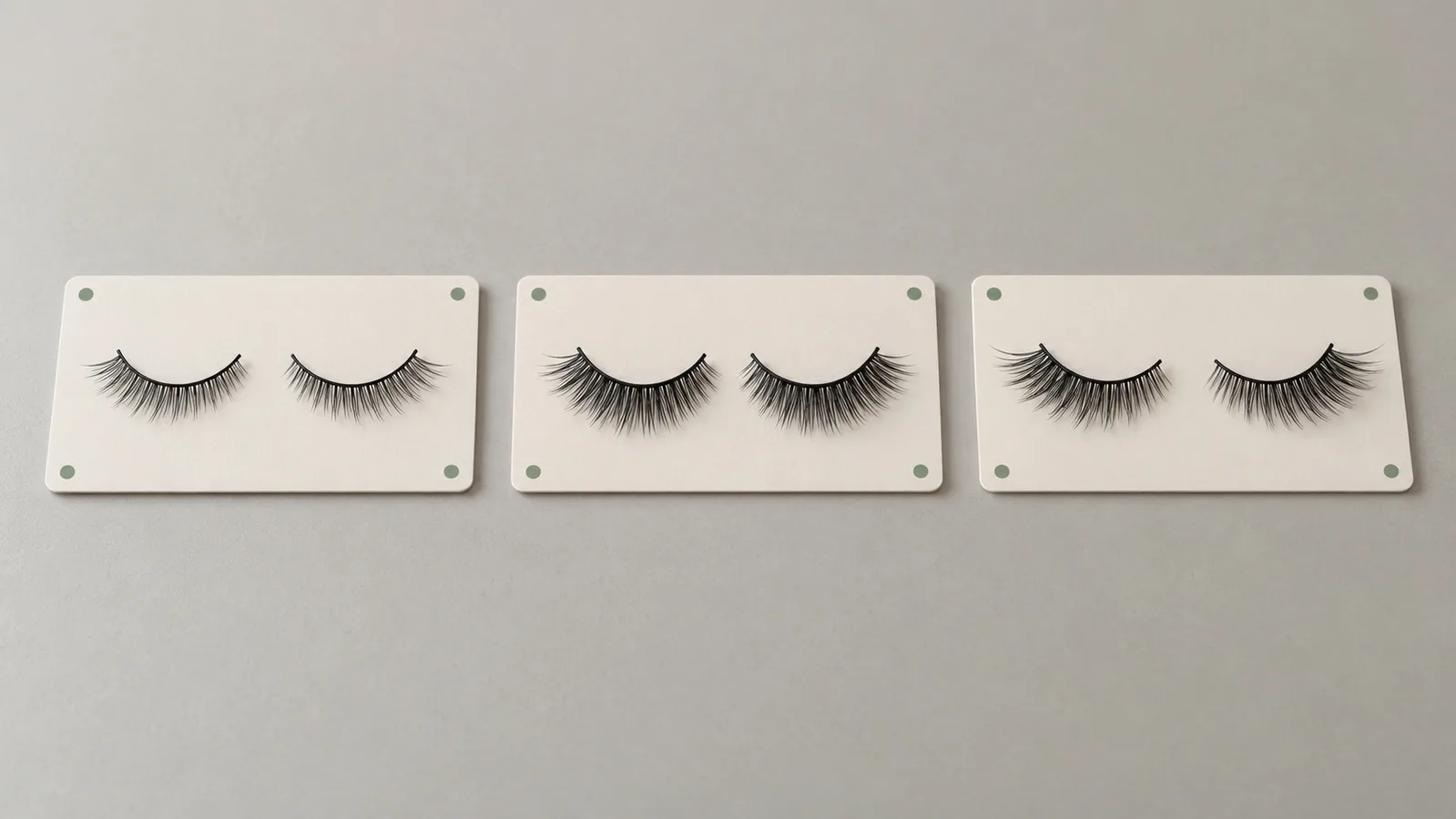Trois échantillons étiquetés de faux-cils en bande disposés pour une comparaison de forme côte à côte