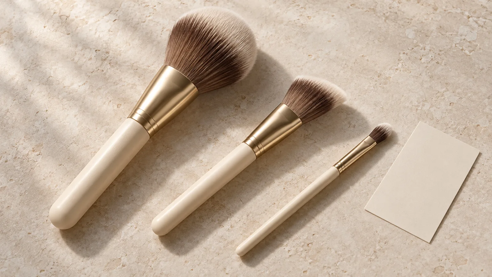 Trois pinceaux de maquillage sans marque avec des manches crème et des viroles dorées sur une surface de studio pâle